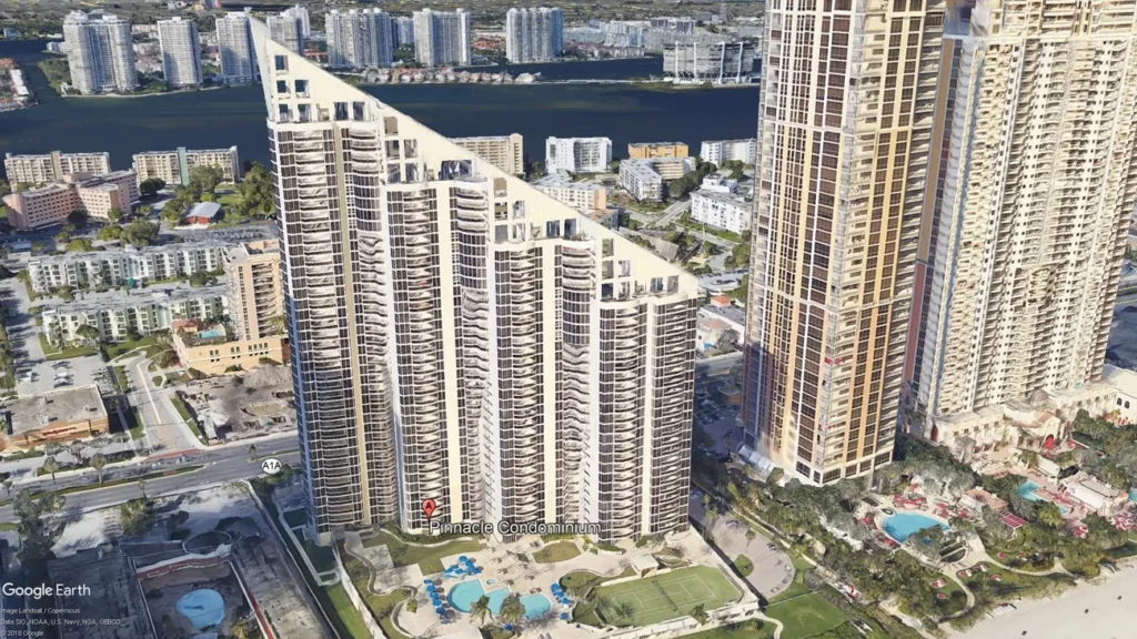 Exterior view of Pinnacle Condominium, site of concrete restoration engineering services.