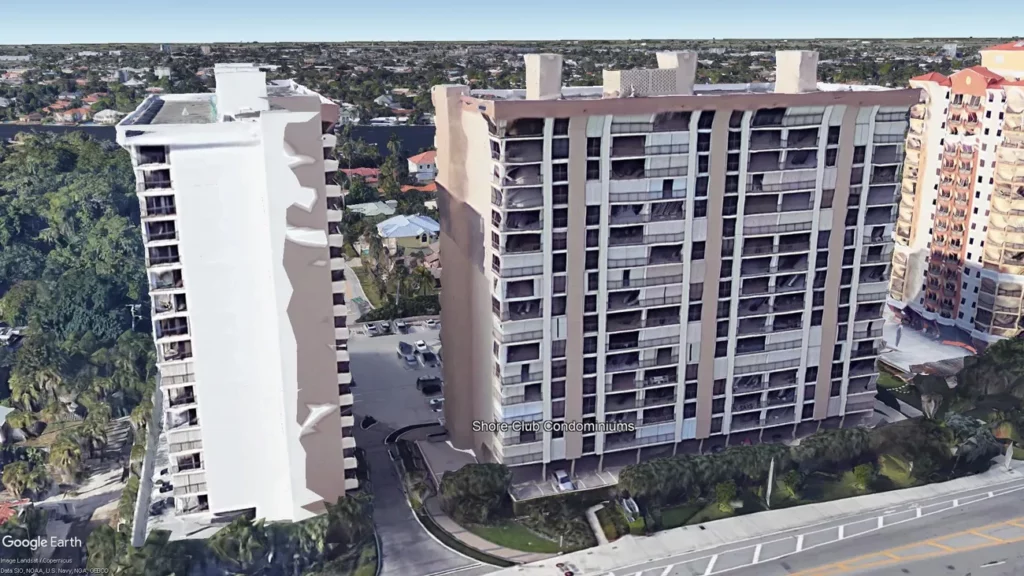 Exterior view of Shore Club Condominium, site of concrete restoration engineering services.