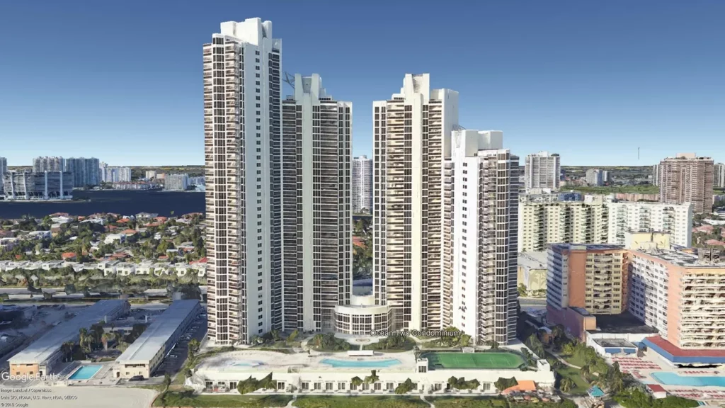 Exterior view of Ocean Two Condominium, site of concrete restoration engineering services.